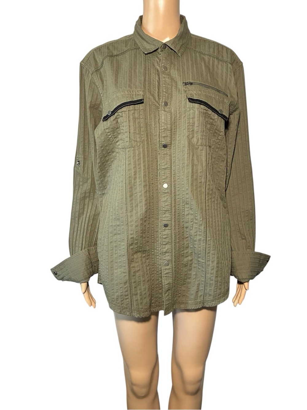 INC International Concepts Mens Shirt SizeM Green 100% Cotton Snap Front Utility
